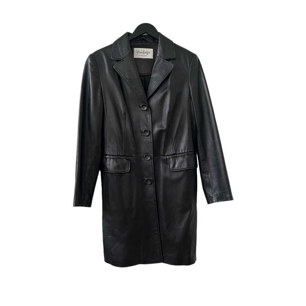 Vintage Leather Genuine Leather Long Long Coat Button Closure Black Women’s Size